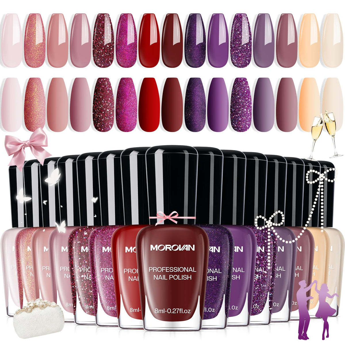 Morovan front packaging showing all 15 shades and quick-dry benefit