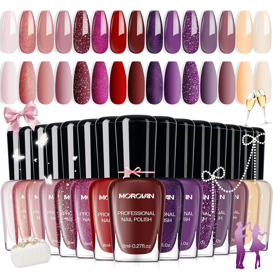 Morovan front packaging showing all 15 shades and quick-dry benefit