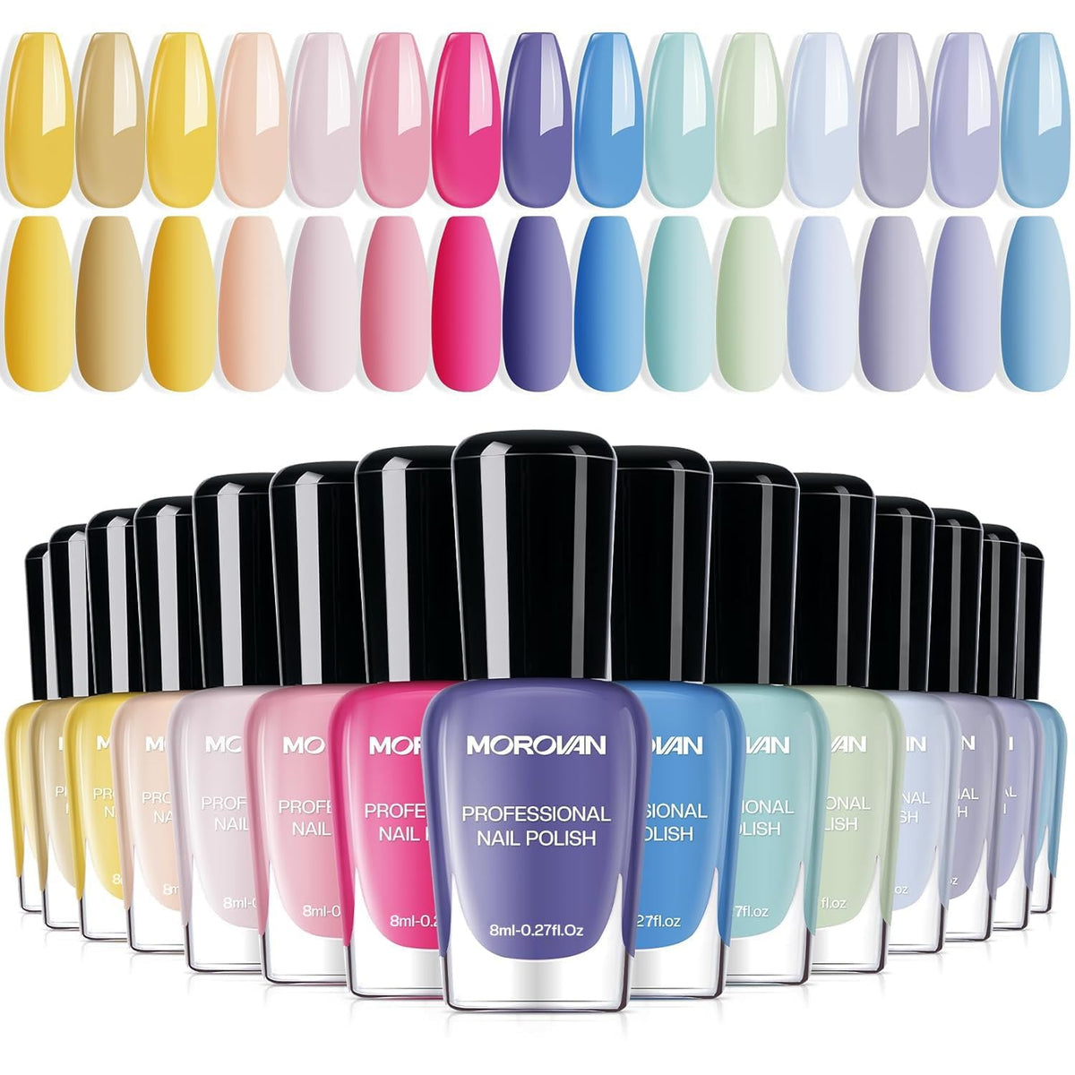 Morovan front packaging showing all 15 pastel bottles and kit benefit