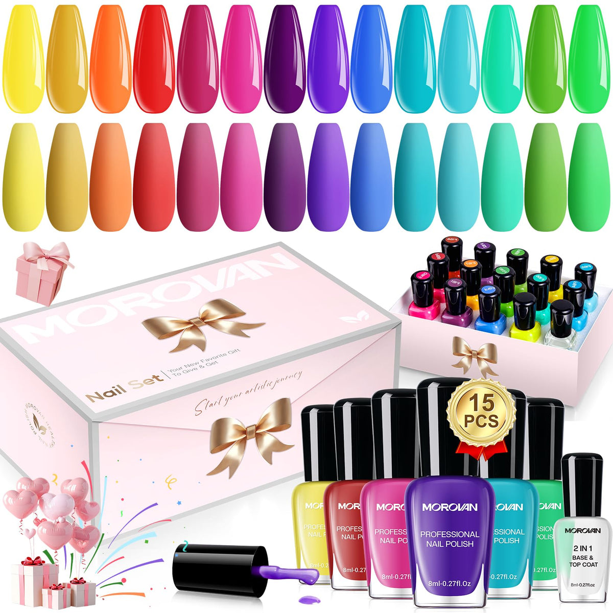 Morovan front packaging showing the 15-piece rainbow kit and gift-ready presentation