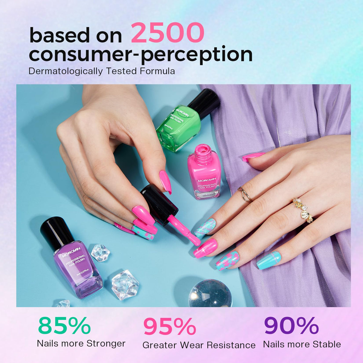 Morovan manicure in a holiday setting showing ready-to-wear festive nails