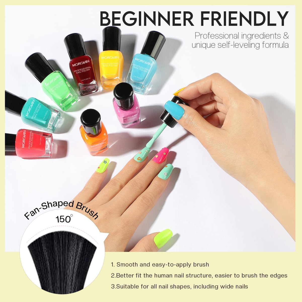 Morovan nail swatch fan showing all 15 colors for easy color selection benefit