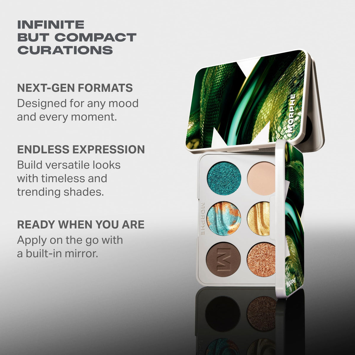 MORPHE metallic pan macro emphasizing reflective chrome payoff for statement looks