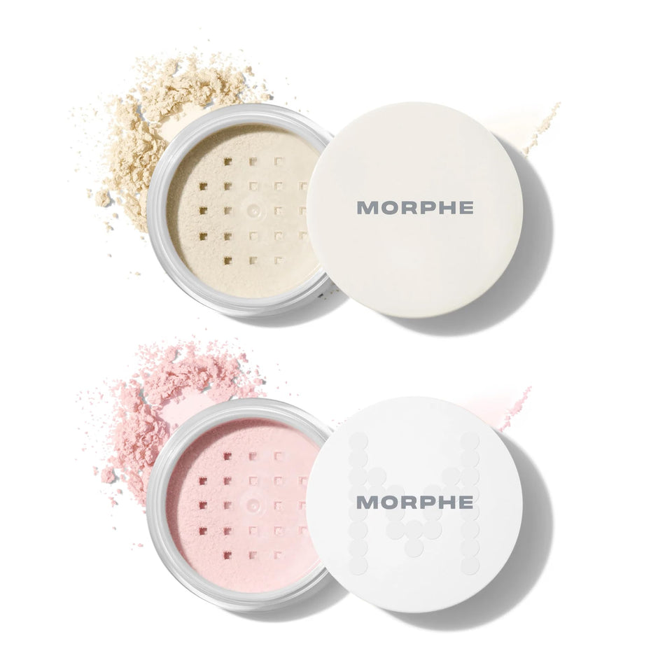 Morphe front packaging mini duo displaying compact translucent powders for travel