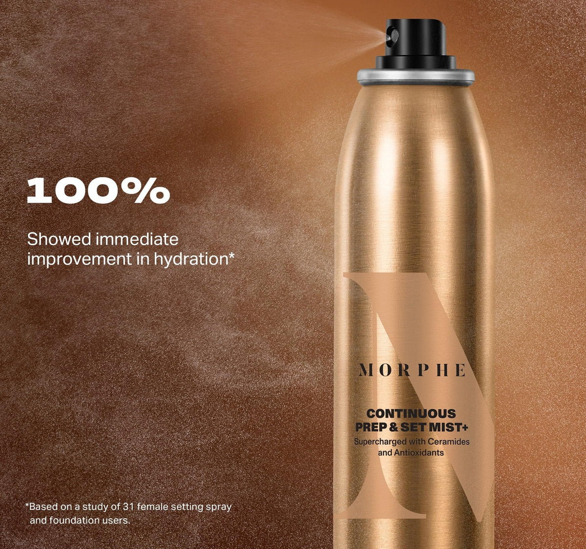 MORPHE applying mist over finished makeup to set products and extend wear benefit