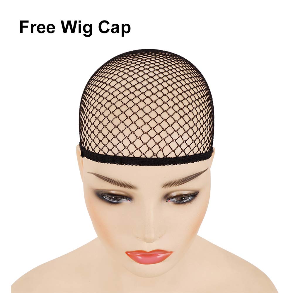 morvally packaging and contents laid out with wig, two clip ponytails, and free wig cap included