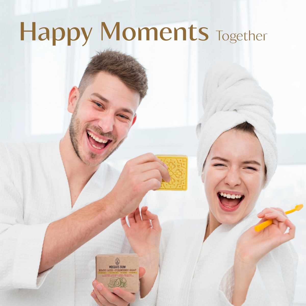 MOSSAI'S BUW soap and loofah staged in bathroom demonstrating routine
