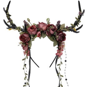 MOSTORY front view showing black antlers and floral accents for dramatic costumes