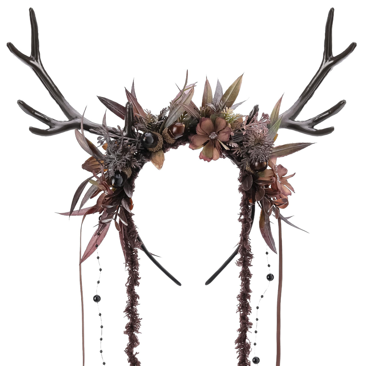 MOSTORY front view dark floral antlers showing gothic silhouette benefit dramatic styling