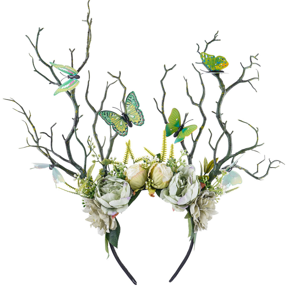 MOSTORY front view of green flower branch headband showing full woodland crown and elegance