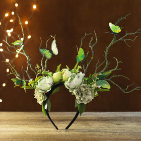 MOSTORY lifestyle forest photoshoot displaying headband in natural fairy-tale setting