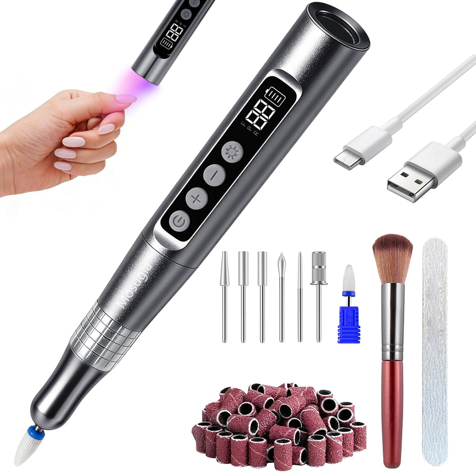 Mosugia front view showing compact cordless nail drill and sleek gray finish for portable convenience