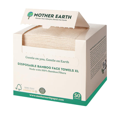 MOTHER EARTH front packaging showing XL bamboo face towels and convenience