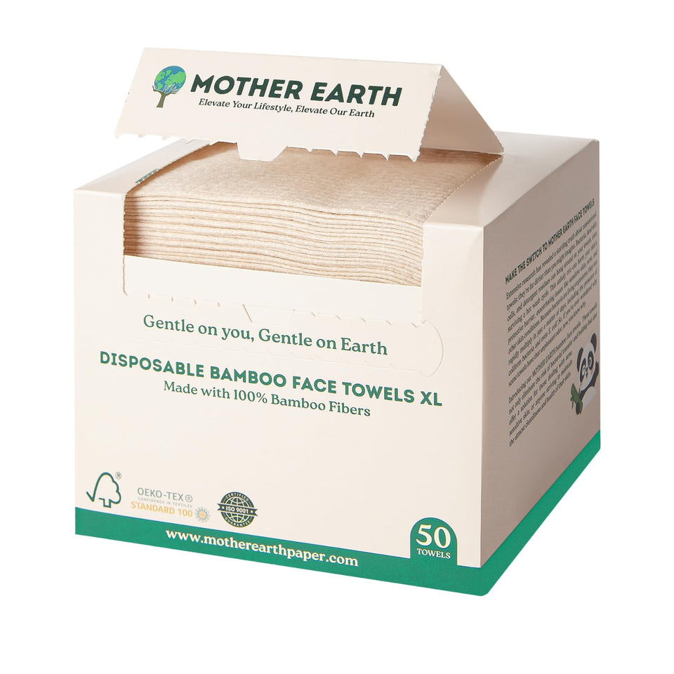 MOTHER EARTH front packaging showing XL bamboo face towels and convenience