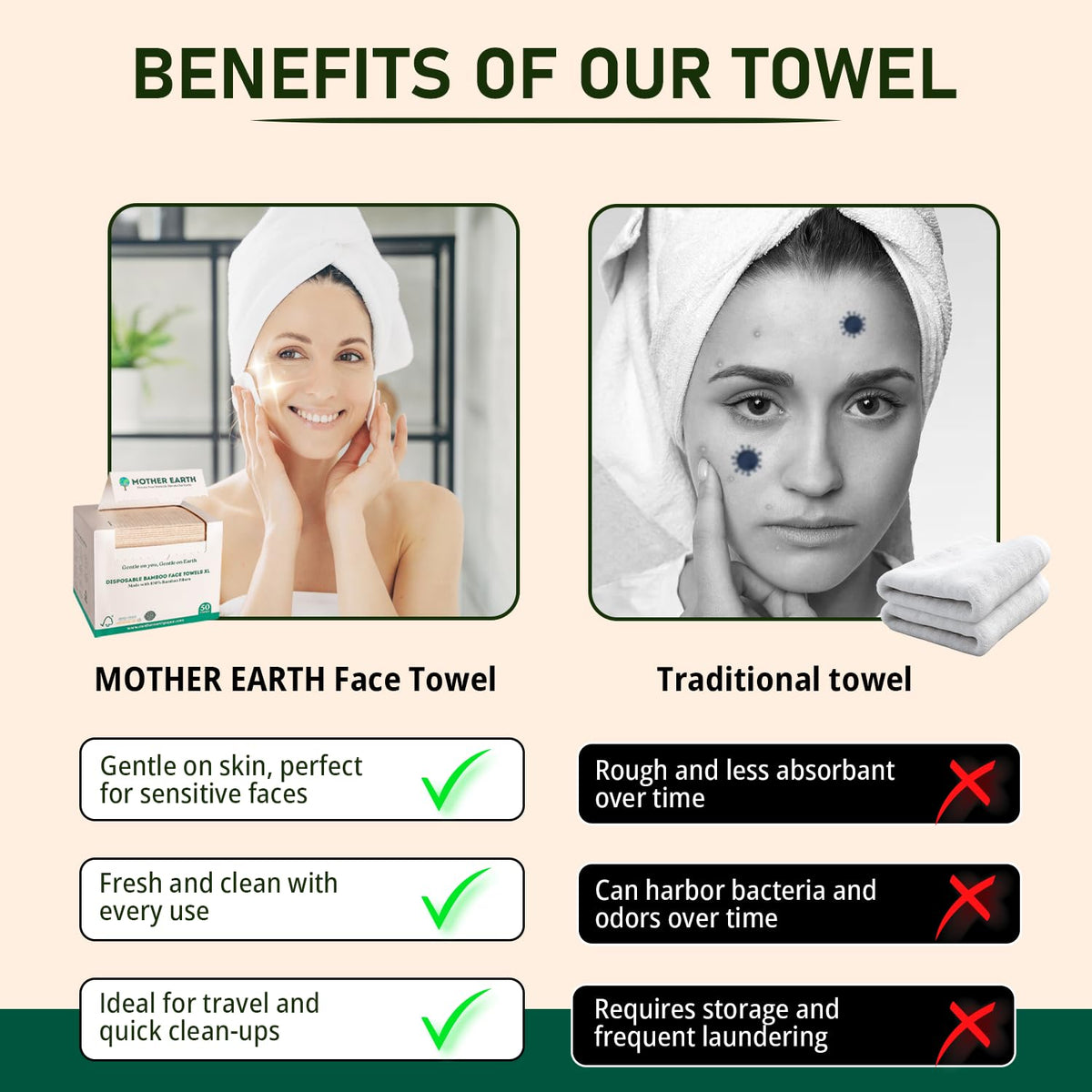 MOTHER EARTH towel held in hand for size comparison and easy use