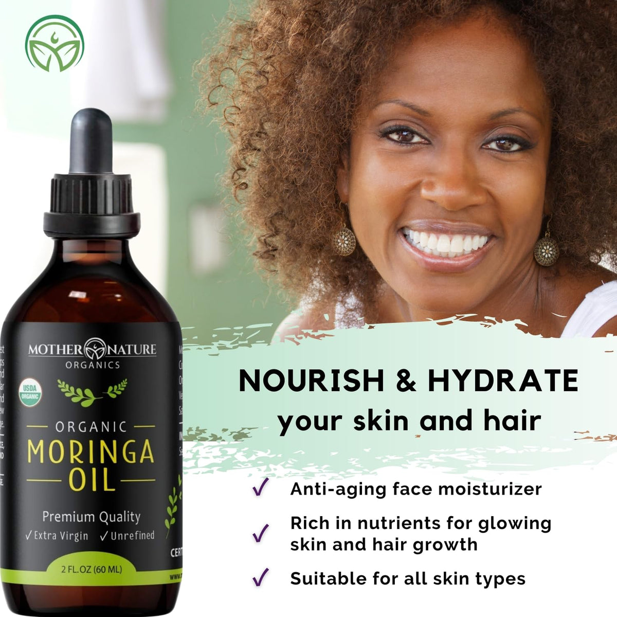 Mother Nature Organics 2oz bottle next to common items for size clarity