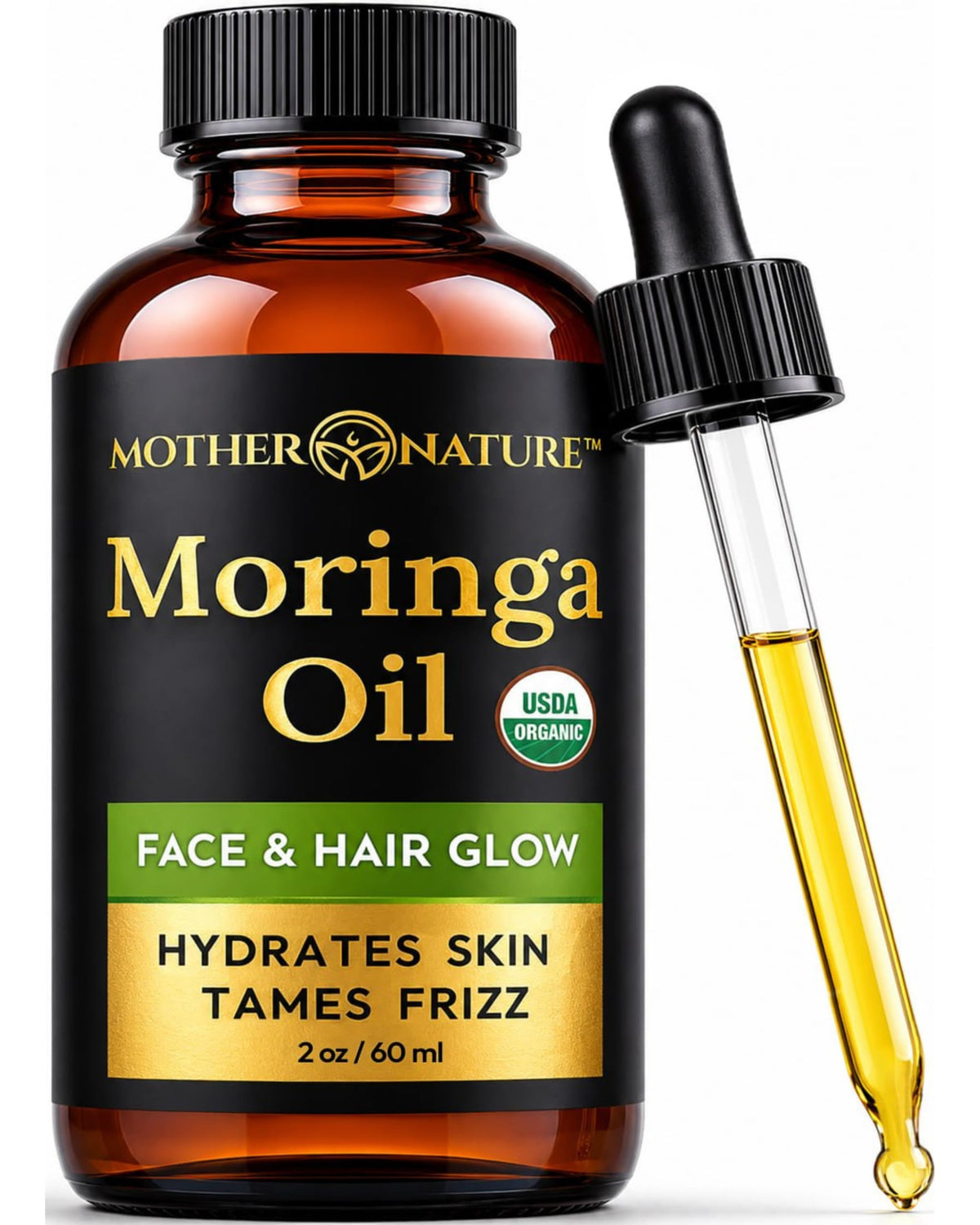 Mother Nature Organics bottle front view showing organic moringa oil benefits