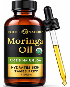 Mother Nature Organics moringa oil front bottle shows clean organic packaging and benefit hydration