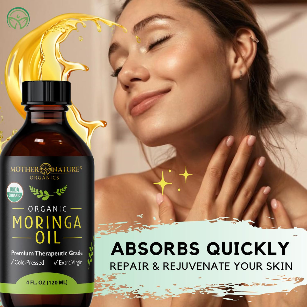 Mother Nature Organics moringa oil applied to hands demonstrating quick absorption and softening