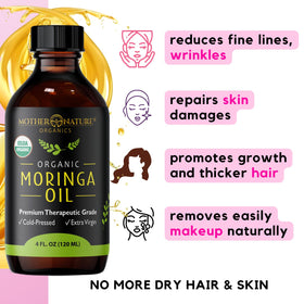 Mother Nature Organics moringa oil ingredient label highlighting USDA Organic purity benefits