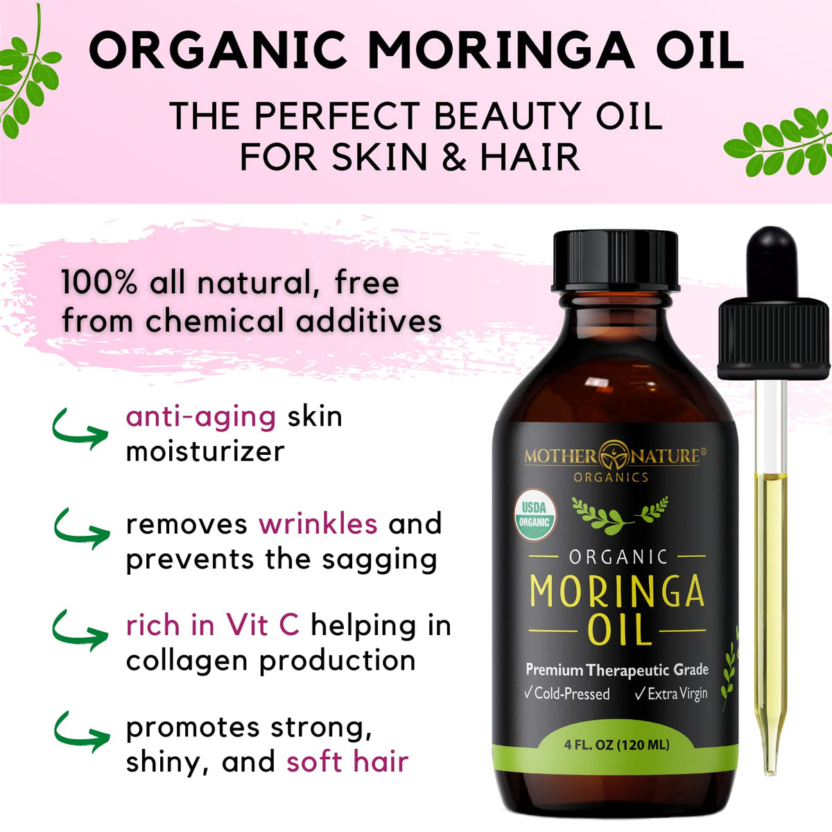 Mother Nature Organics moringa oil on bathroom vanity lifestyle shot showing daily routine use