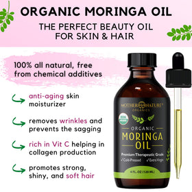 Mother Nature Organics moringa oil on bathroom vanity lifestyle shot showing daily routine use