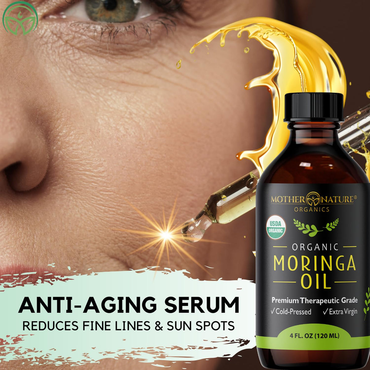 Mother Nature Organics moringa oil pouring texture close-up showing lightweight absorbent finish
