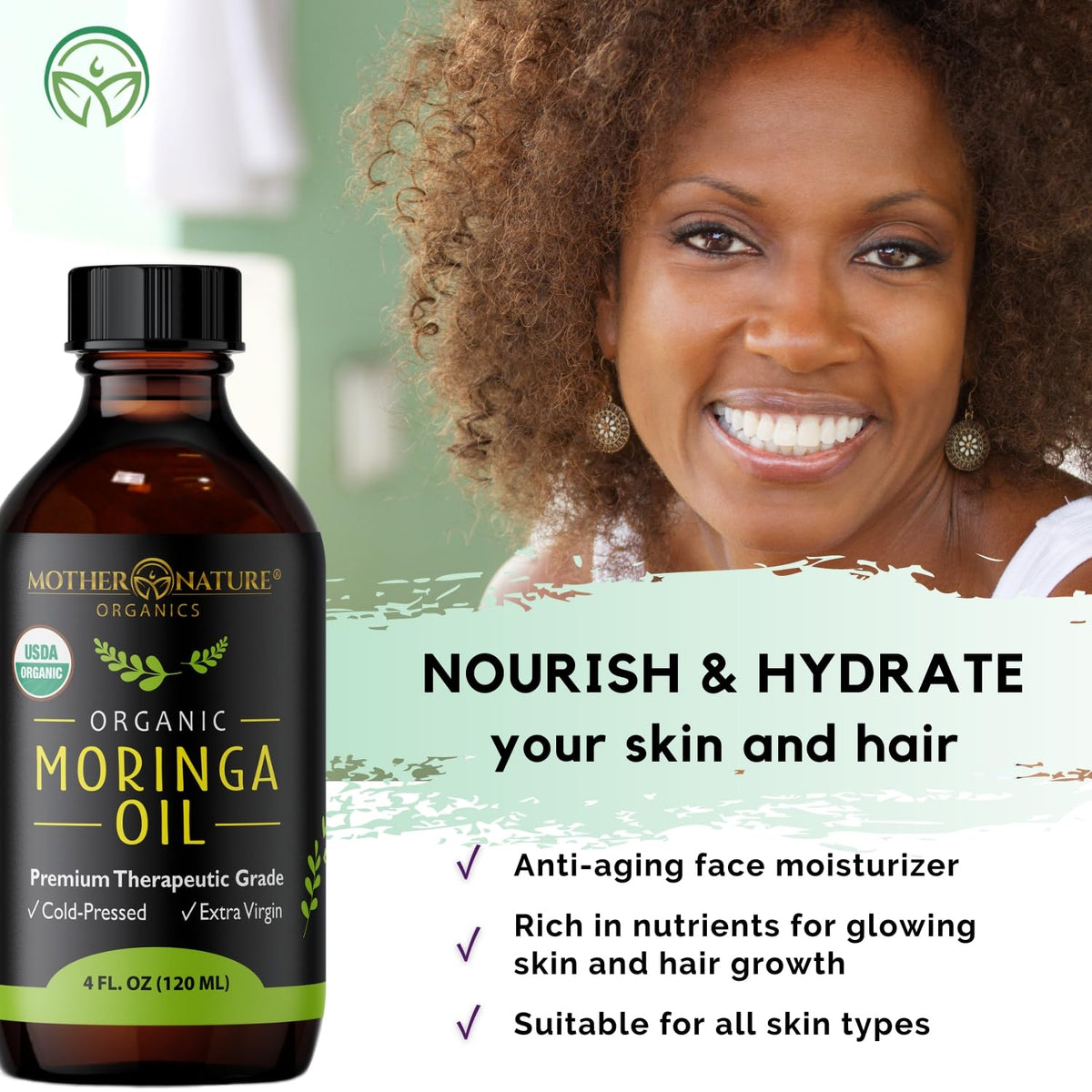 Mother Nature Organics moringa oil scalp treatment setup illustrating nourishment for dry scalp