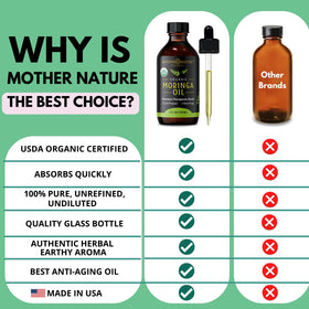 Mother Nature Organics moringa oil 4oz bottle next to common item for size comparison