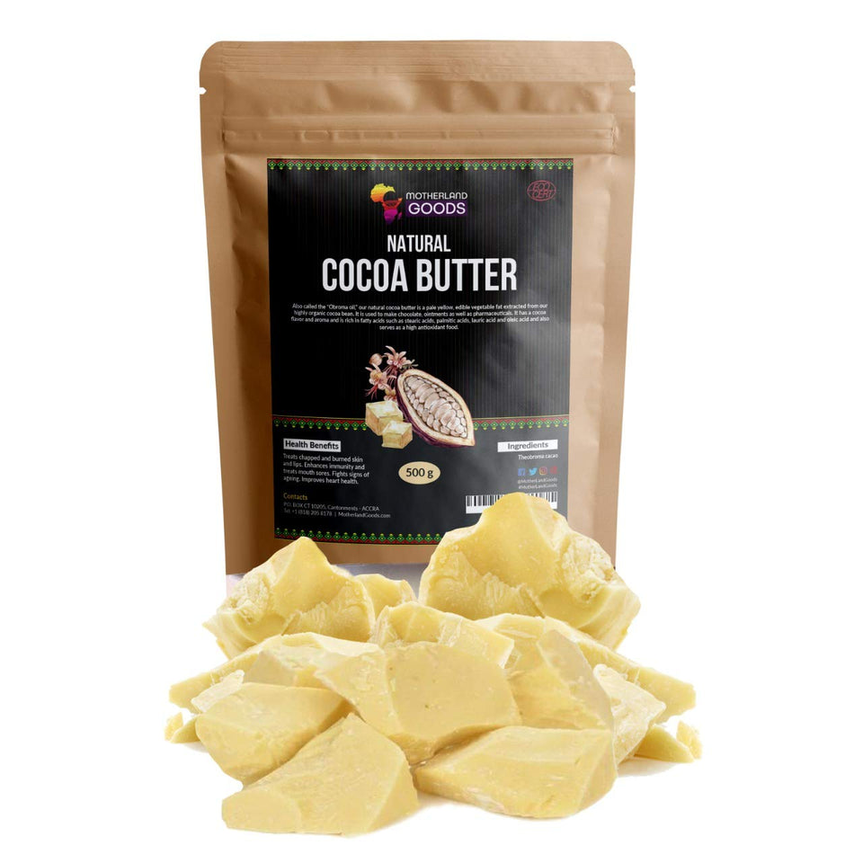 Motherland Goods cocoa butter front view showing pure chunks and natural hydration benefit