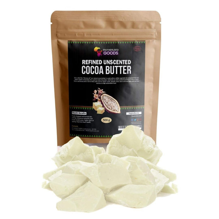 Motherland Goods front view of unscented cocoa butter chunks showing pure packaging and ingredient clarity