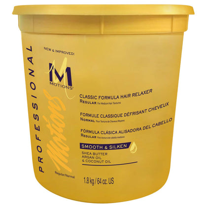 motions Motons 64 oz tub front label showing professional relaxer benefits