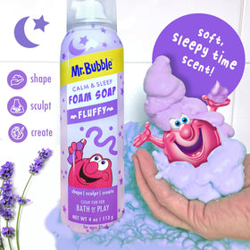 Mr. Bubble foam texture closeup displays soft purple foam for gentle, tactile cleansing