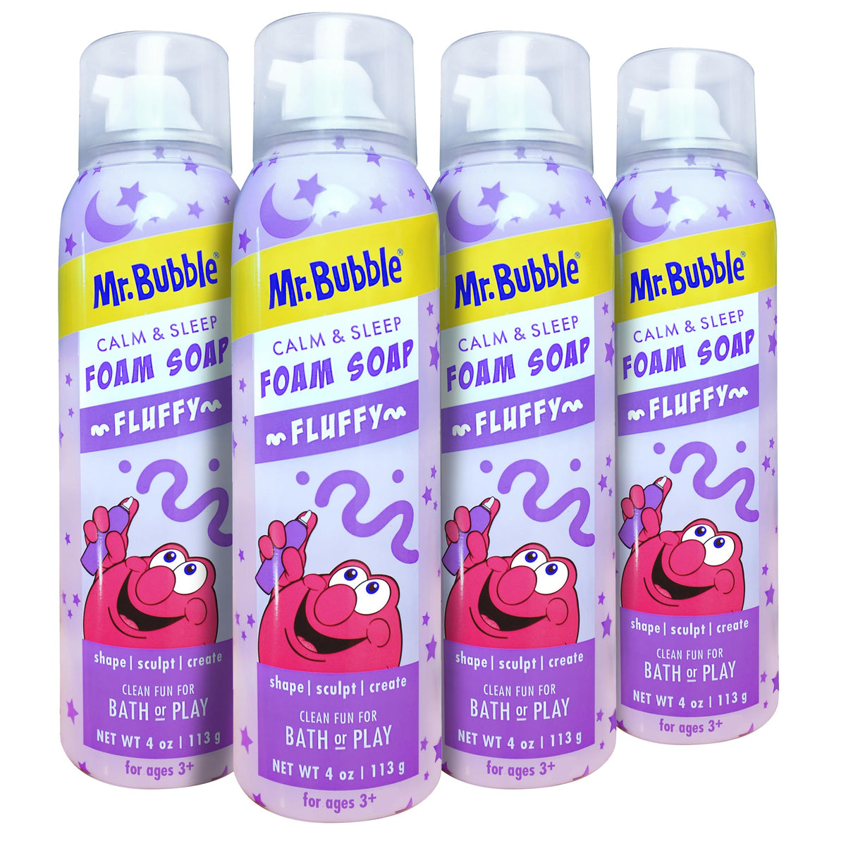 Mr. Bubble front packaging shows 4-pack and clear child-friendly labeling benefits easy storage