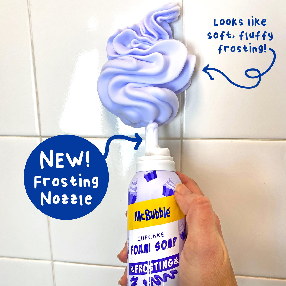 Mr. Bubble in use with child piping foam that encourages independent washing benefit