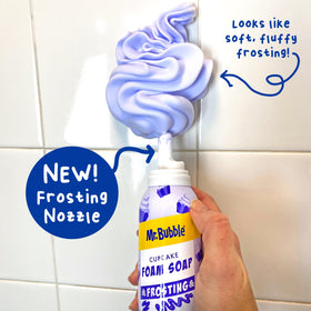 Mr. Bubble in use with child piping foam that encourages independent washing benefit