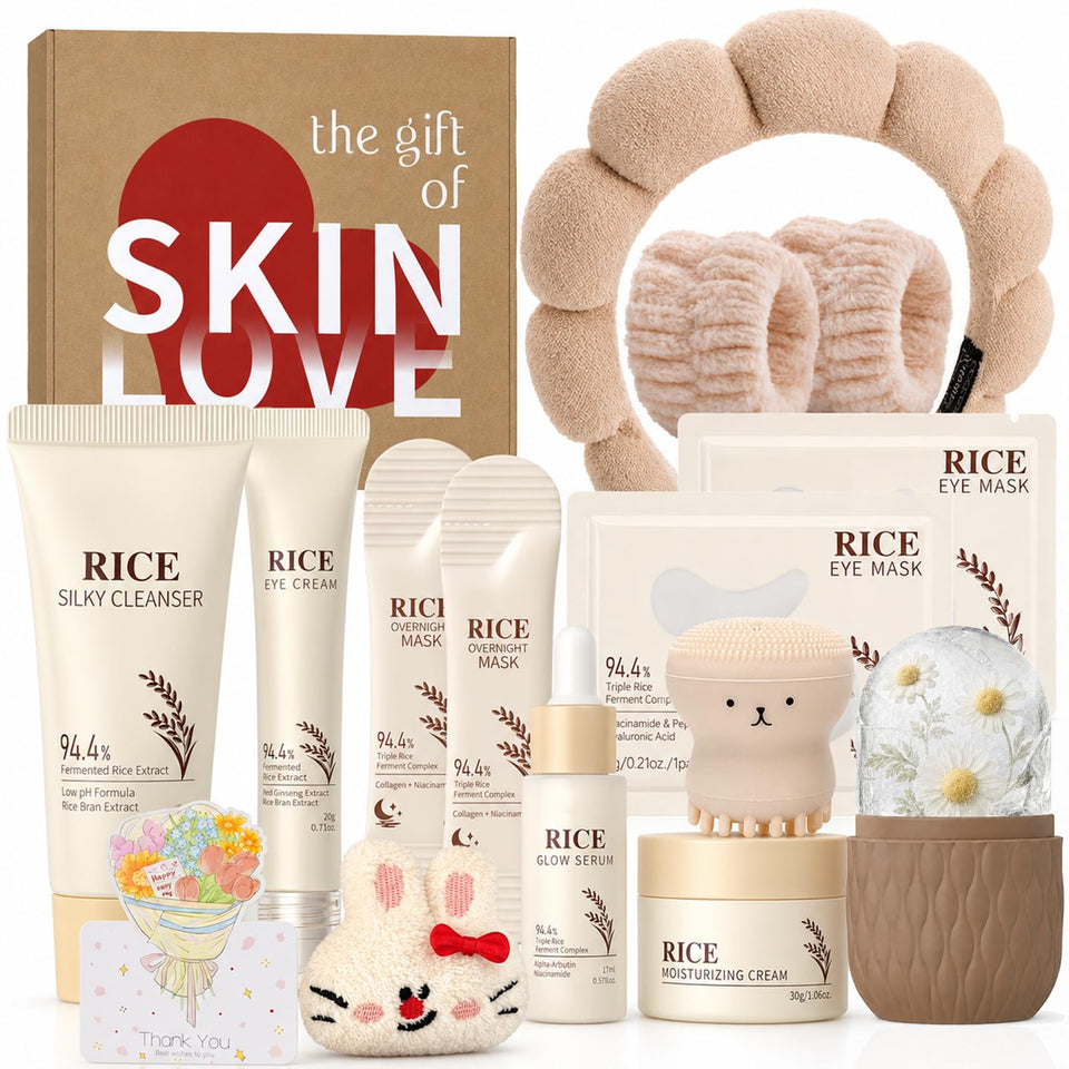 MrCuvaryas front packaging of rice skincare set showing compact gift box and contents