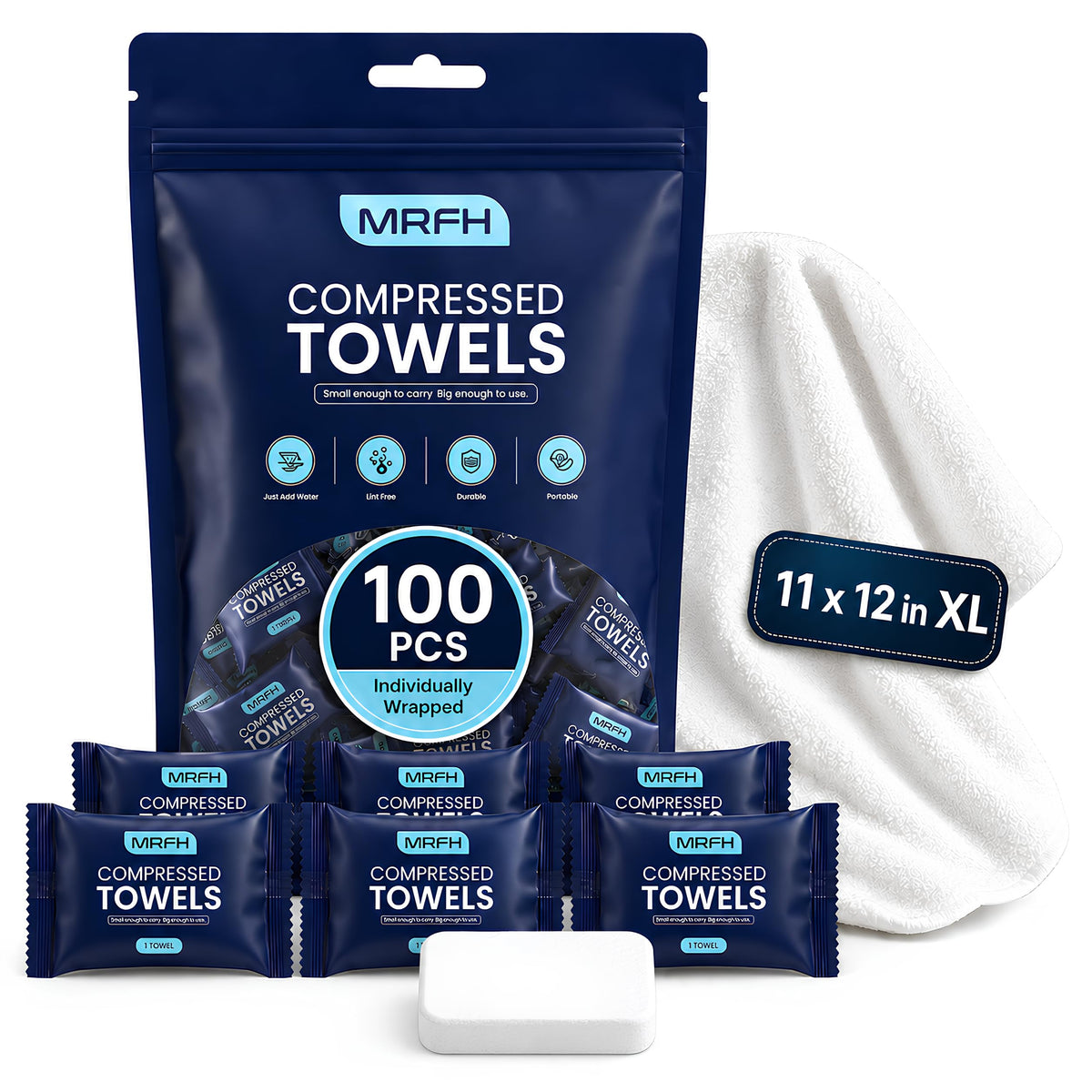 MRFH front packaging showing 100 individually wrapped compressed towels for easy storage
