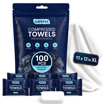 MRFH front packaging showing 100 individually wrapped compressed towels for easy storage