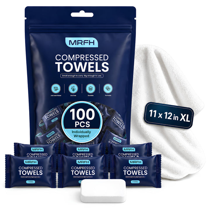 MRFH front packaging showing 100 individually wrapped compressed towels for easy storage