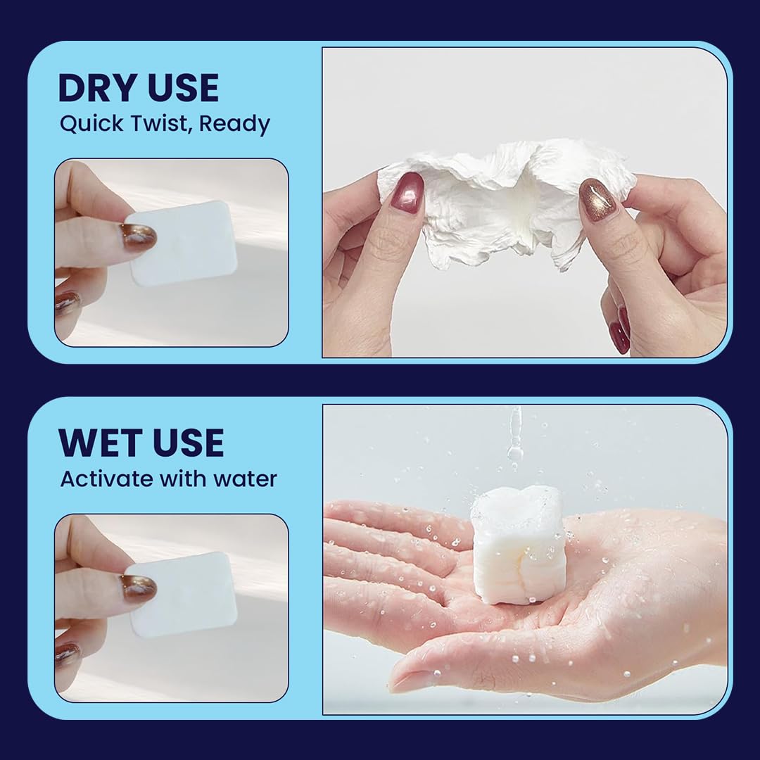 MRFH towel in hand expanding with water to show instant readiness and absorbency