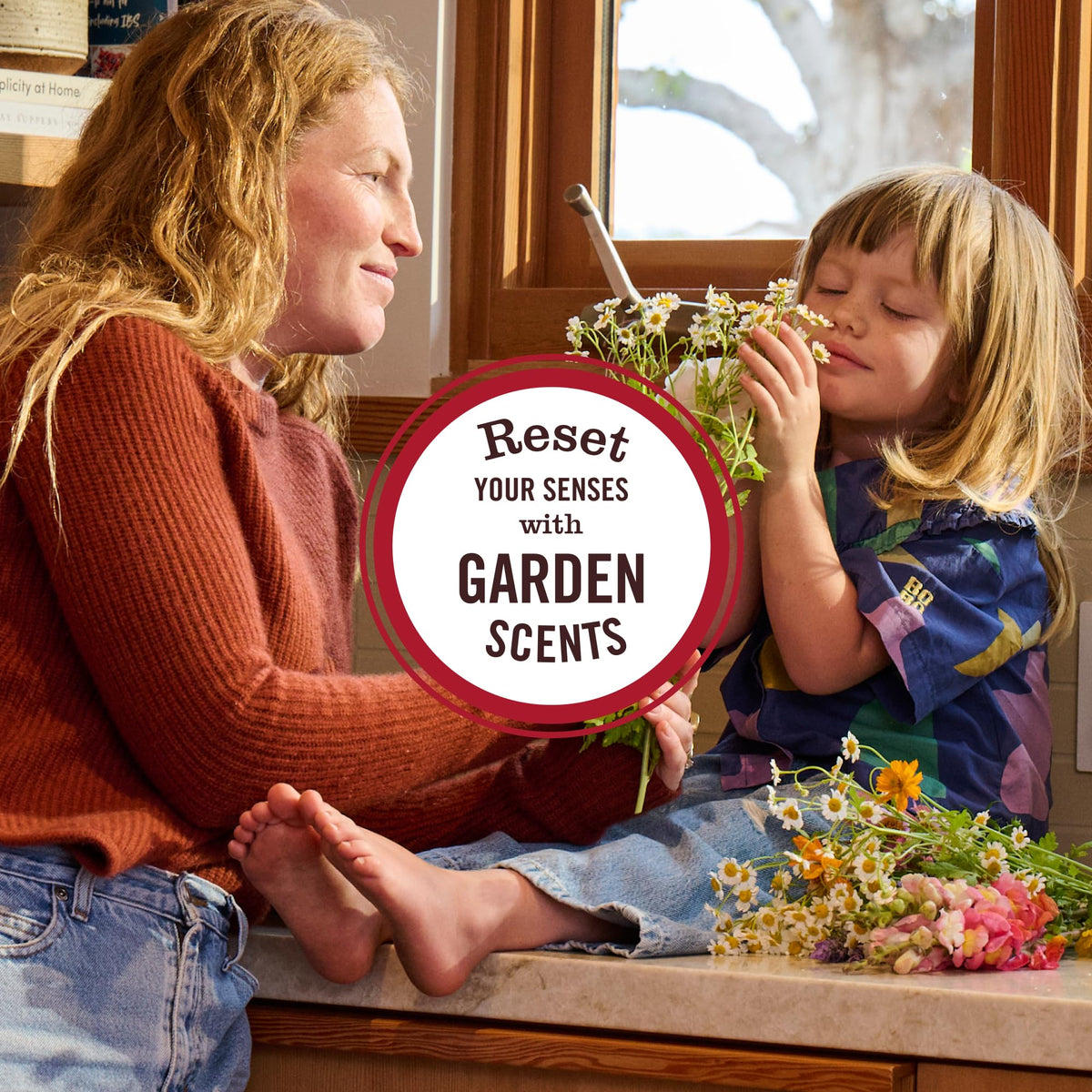Mrs. Meyer's apple cider kitchen lifestyle scene showing comforting scent and tidy sink benefit