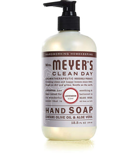 Mrs. Meyer's Basil bottle on bathroom counter showing herbal aroma and soothing benefit