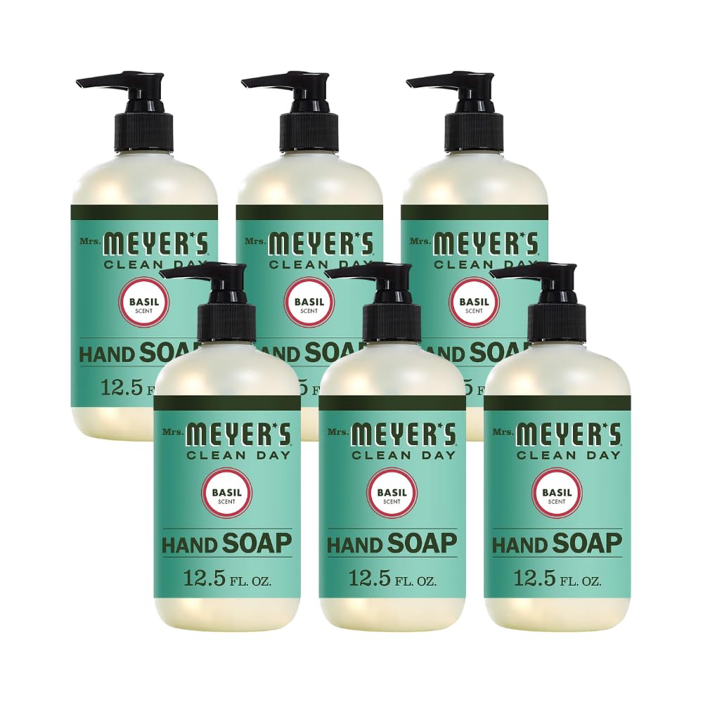 Mrs. MEYER'S front packaging showing basil scent and six-pack convenience