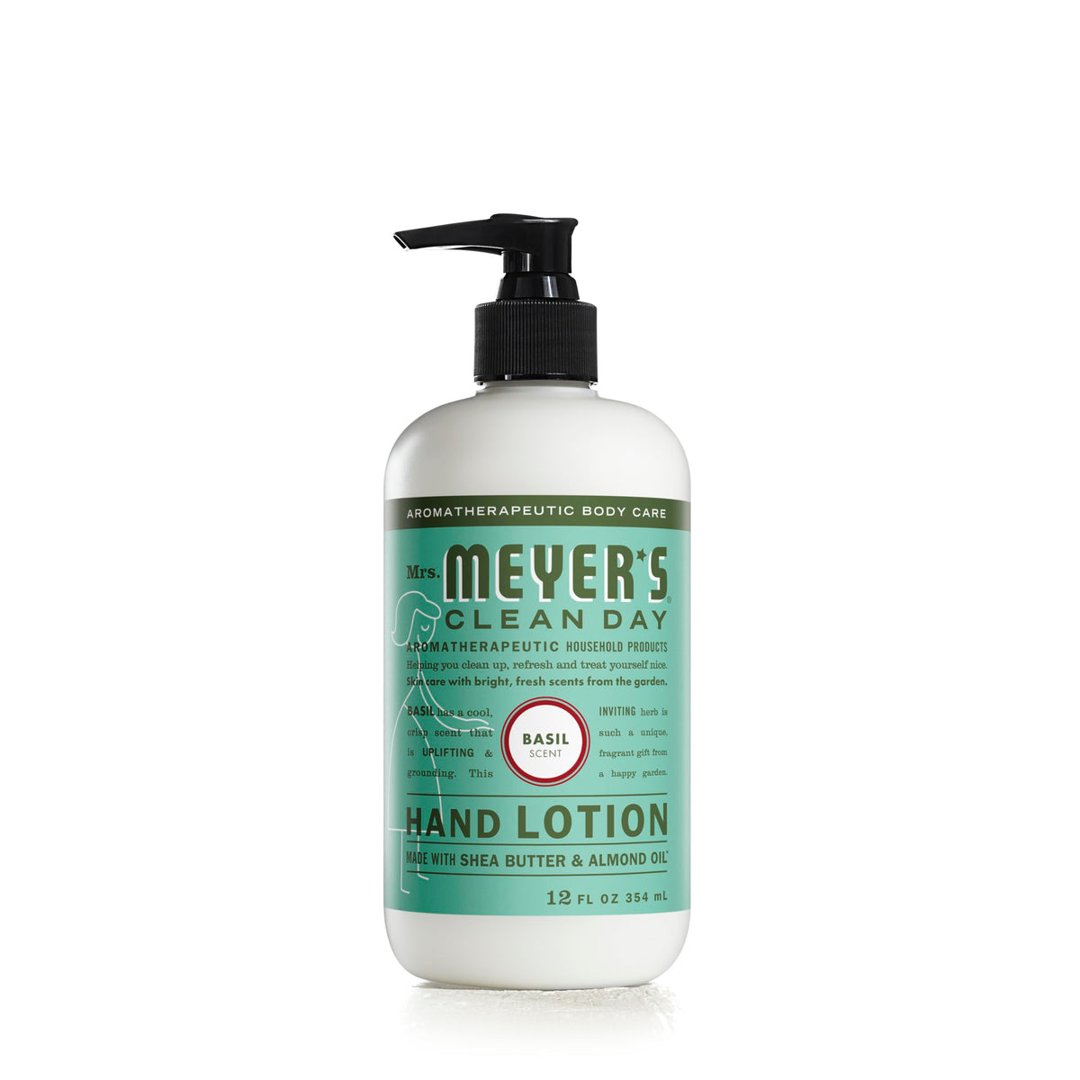 Mrs. MEYER'S basil hand lotion front pump showing label and size benefit: clear identification and easy dispensing