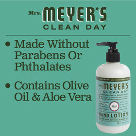 Mrs. MEYER'S basil lotion applied on hands demonstrating softening of dry skin after use