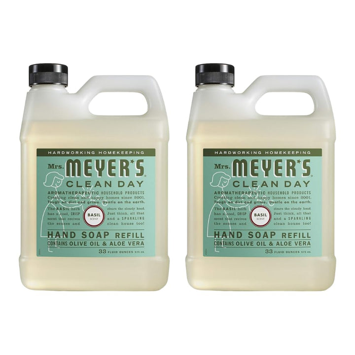 Mrs. Meyer's front packaging showing basil refill and value pack benefit