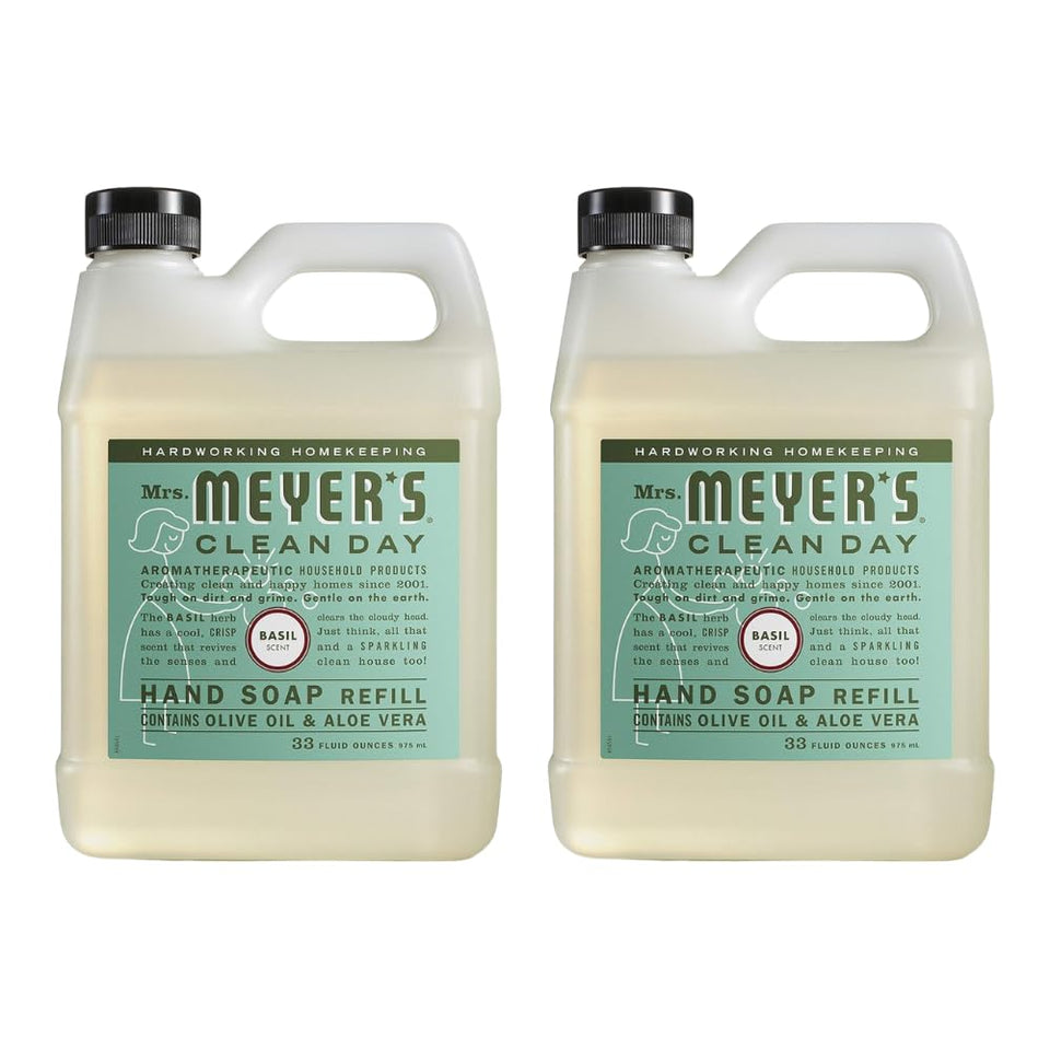 Mrs. Meyer's front packaging showing basil refill and value pack benefit