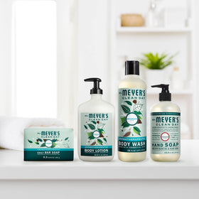 Mrs. MEYER'S four bars arranged to display scent variety and family-sized supply benefit