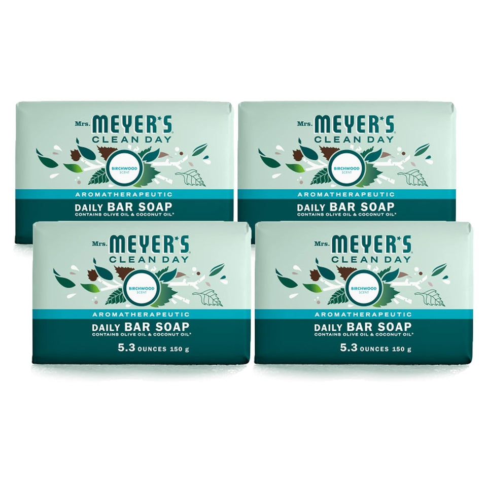 Mrs. MEYER'S front packaging showing four Birchwood bars and eco-friendly design benefits